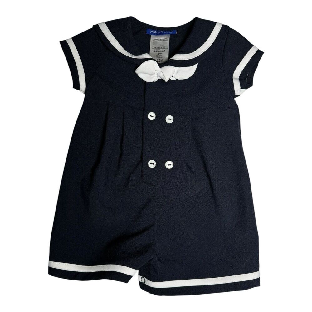 Matt’s Scooter Navy Blue & White Sailor Baby Outfit Size 12 Months‎ EUC